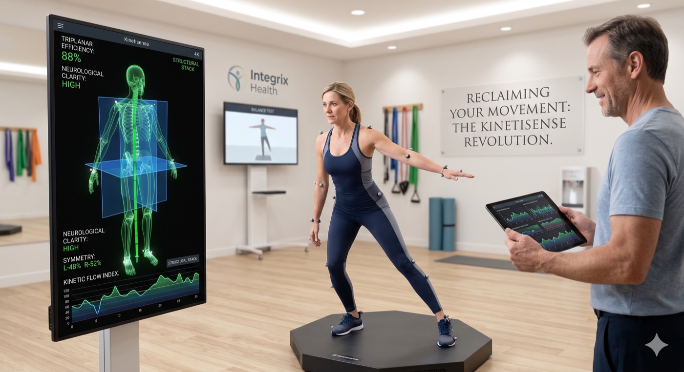 Kinetisense software interface showing full-body 3D markerless motion capture with range-of-motion measurements displayed in real time
